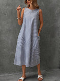 chouyatou Women's Casual Loose Vertical Striped Dress Crew Neck Sleeveless Midi Long Tank Dress with Pockets
