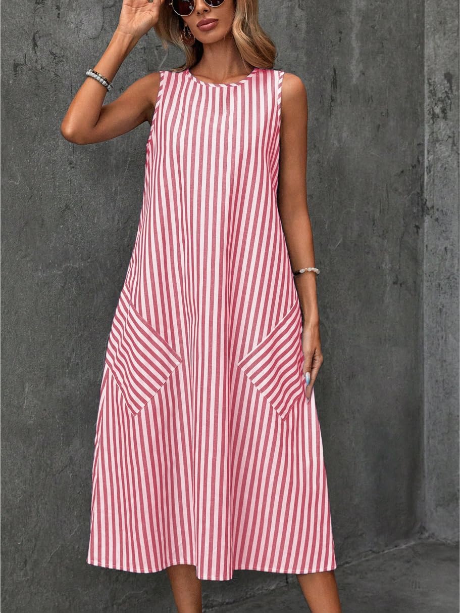 chouyatou Women's Casual Loose Vertical Striped Dress Crew Neck Sleeveless Midi Long Tank Dress with Pockets