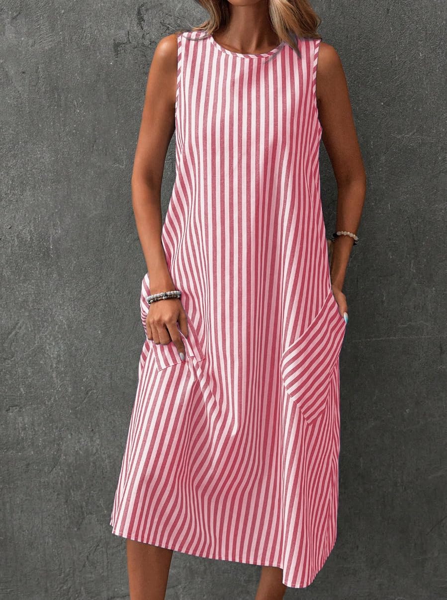 chouyatou Women's Casual Loose Vertical Striped Dress Crew Neck Sleeveless Midi Long Tank Dress with Pockets