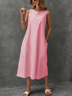 chouyatou Women's Casual Loose Vertical Striped Dress Crew Neck Sleeveless Midi Long Tank Dress with Pockets