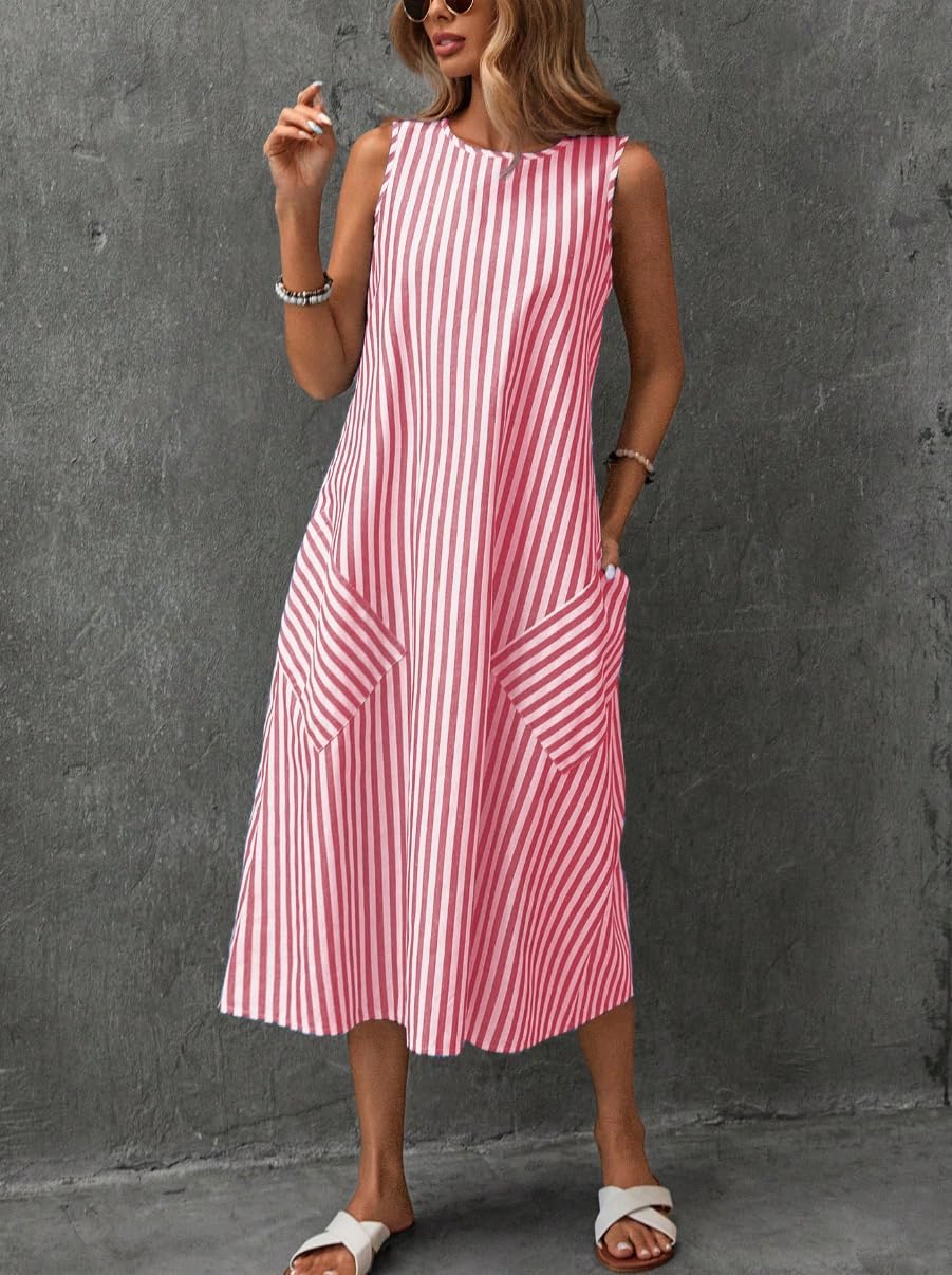 chouyatou Women's Casual Loose Vertical Striped Dress Crew Neck Sleeveless Midi Long Tank Dress with Pockets