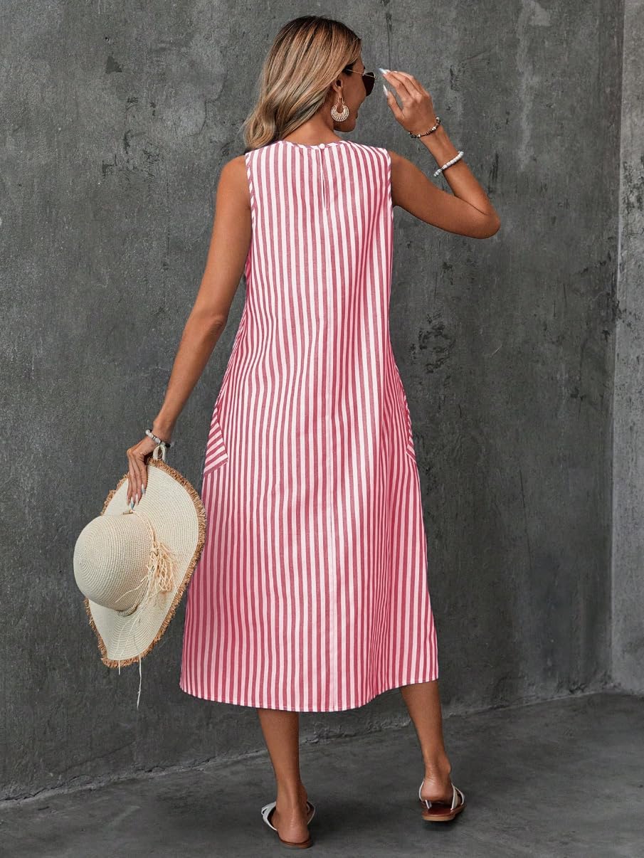 chouyatou Women's Casual Loose Vertical Striped Dress Crew Neck Sleeveless Midi Long Tank Dress with Pockets
