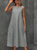 chouyatou Women's Casual Loose Vertical Striped Dress Crew Neck Sleeveless Midi Long Tank Dress with Pockets
