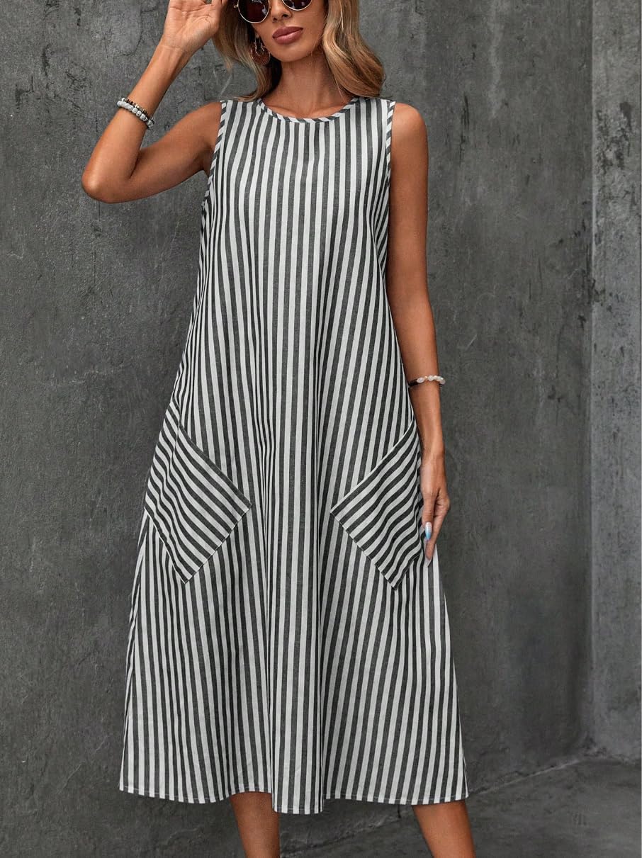 chouyatou Women's Casual Loose Vertical Striped Dress Crew Neck Sleeveless Midi Long Tank Dress with Pockets