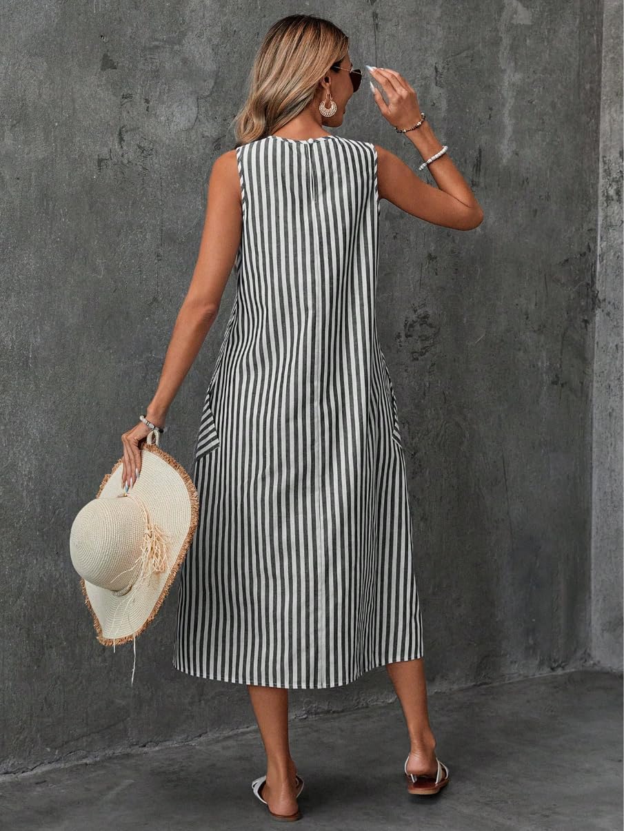 chouyatou Women's Casual Loose Vertical Striped Dress Crew Neck Sleeveless Midi Long Tank Dress with Pockets