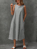 chouyatou Women's Casual Loose Vertical Striped Dress Crew Neck Sleeveless Midi Long Tank Dress with Pockets