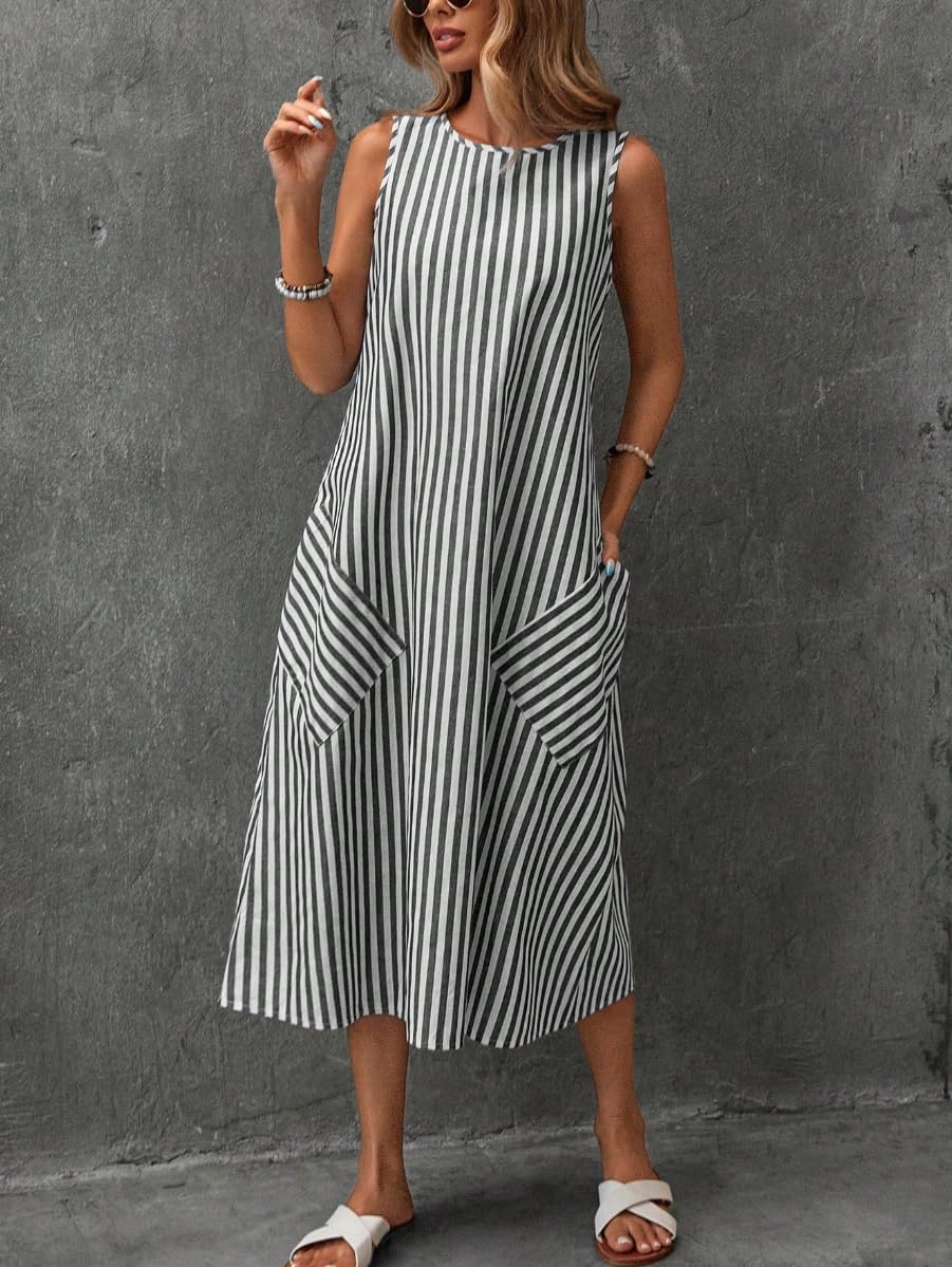 chouyatou Women's Casual Loose Vertical Striped Dress Crew Neck Sleeveless Midi Long Tank Dress with Pockets