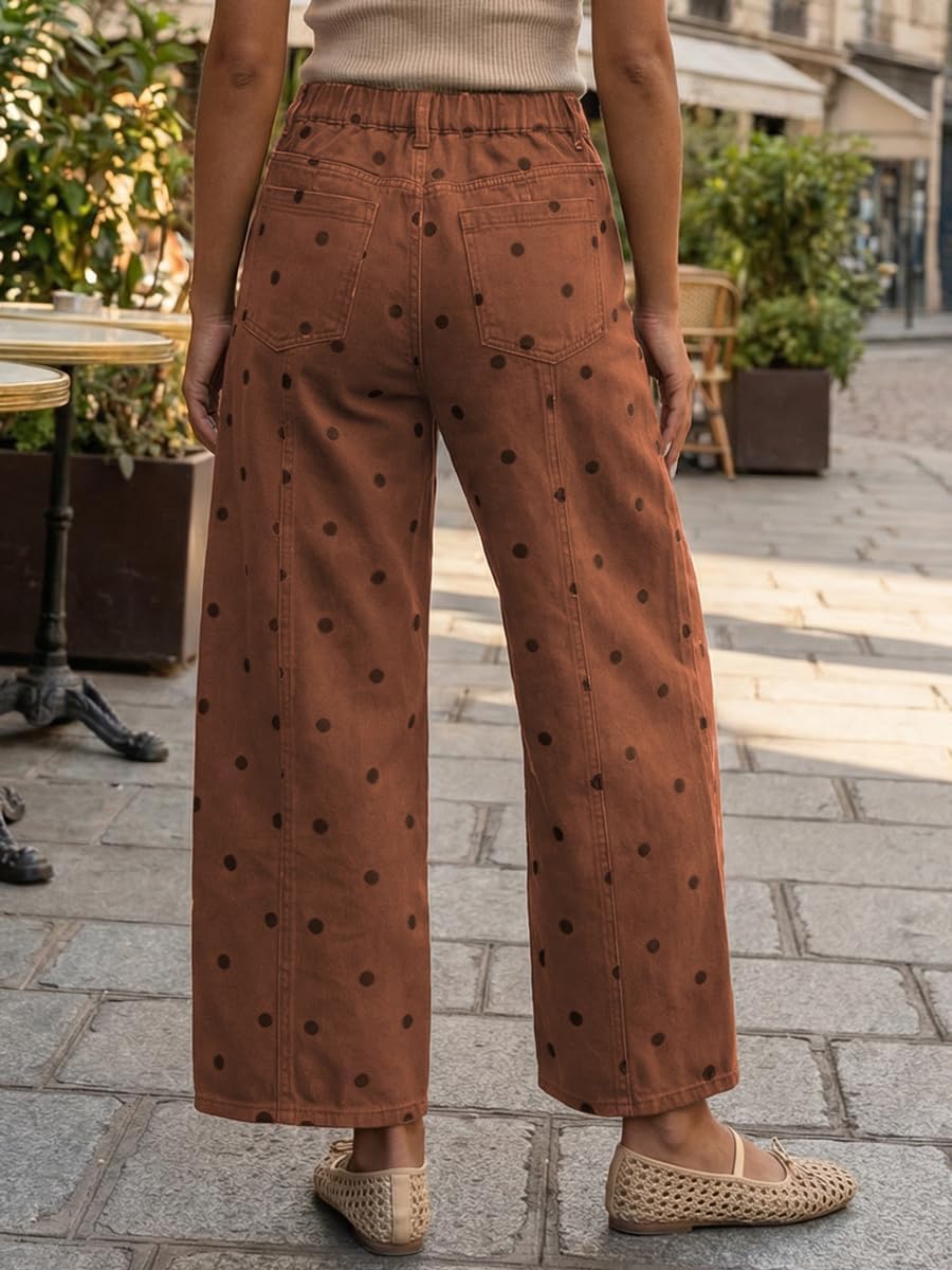CHOUYATOU Women's Polka Dot Pattern Barrel Jeans Boyfriend Y2K Casual Mid Rise Wide Leg Denim Pants