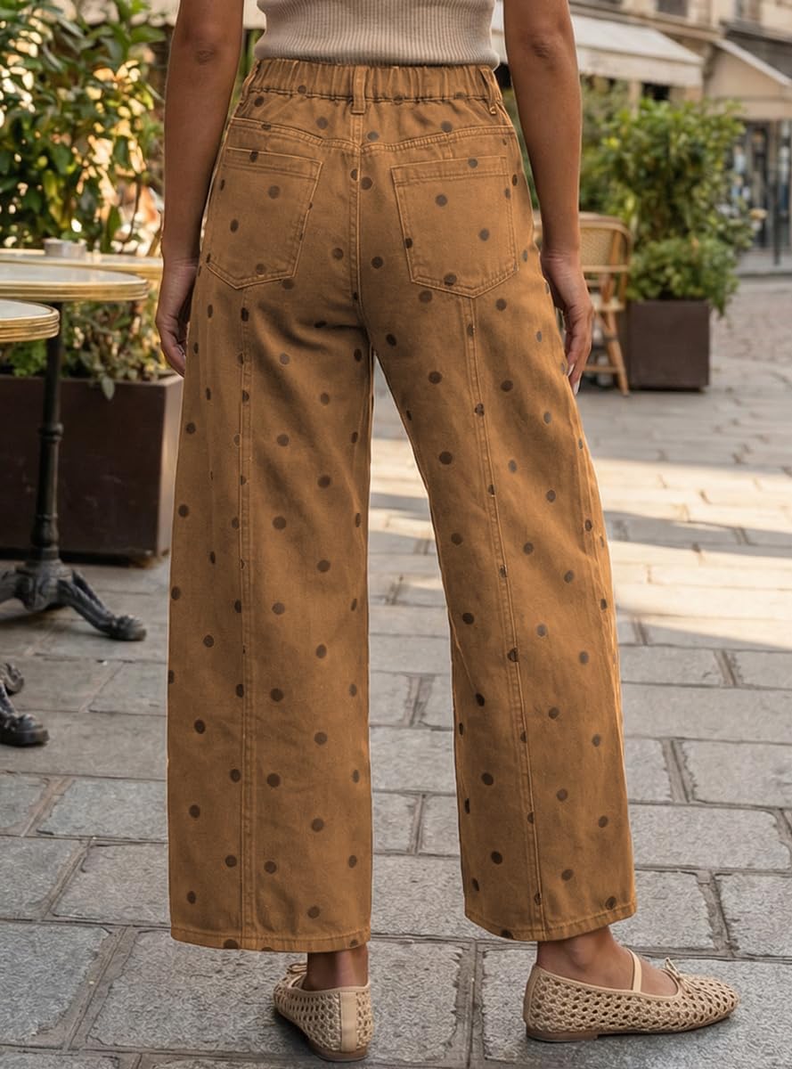 CHOUYATOU Women's Polka Dot Pattern Barrel Jeans Boyfriend Y2K Casual Mid Rise Wide Leg Denim Pants