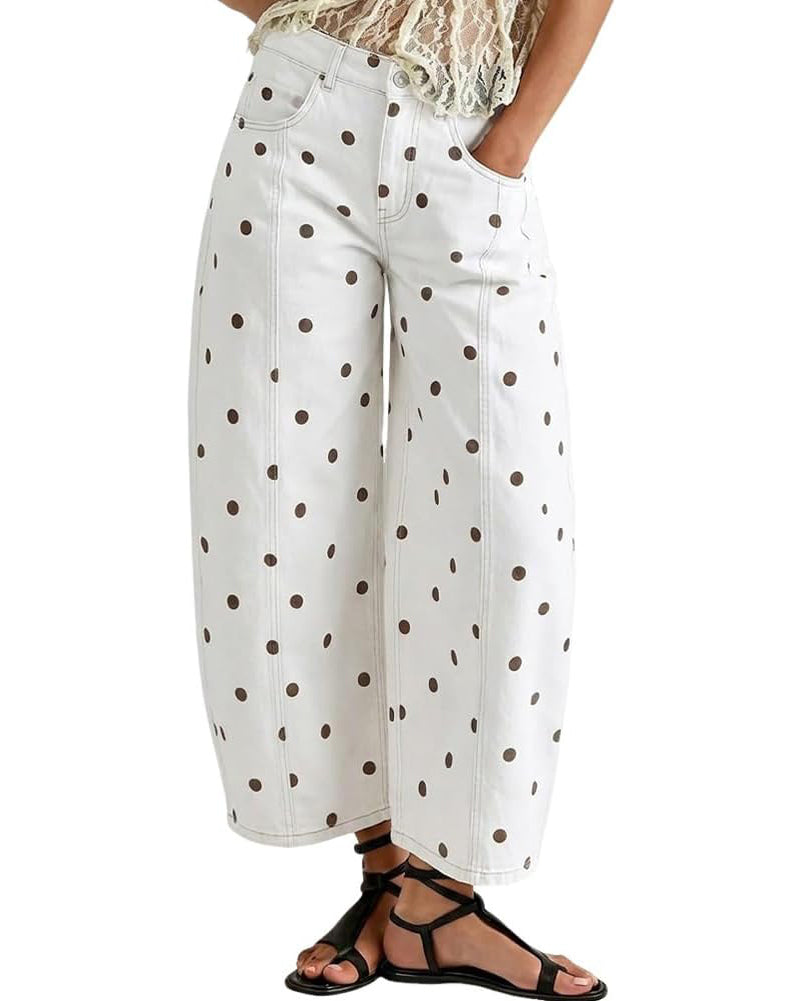CHOUYATOU Women's Polka Dot Pattern Barrel Jeans Boyfriend Y2K Casual Mid Rise Wide Leg Denim Pants