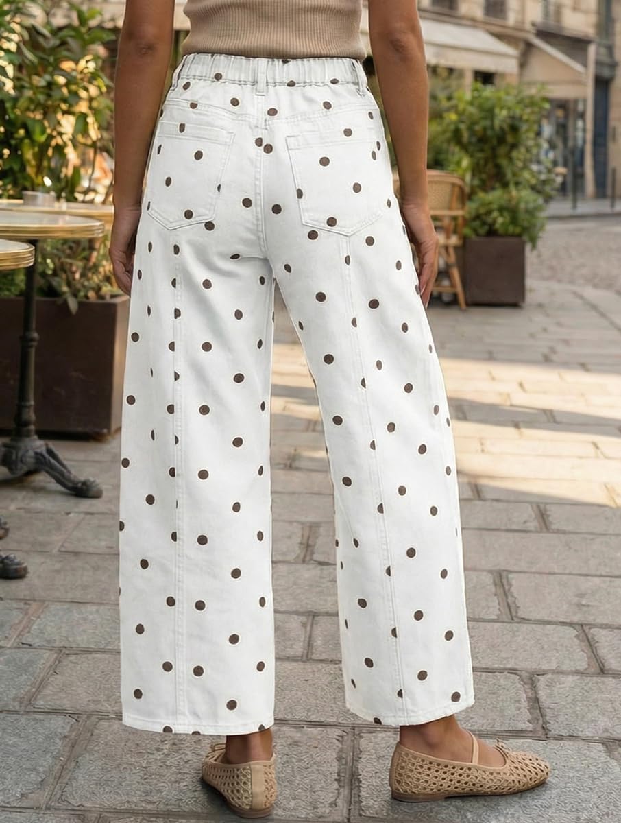 CHOUYATOU Women's Polka Dot Pattern Barrel Jeans Boyfriend Y2K Casual Mid Rise Wide Leg Denim Pants