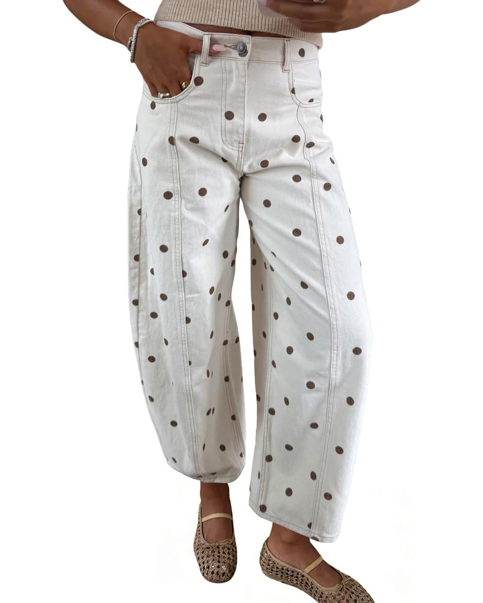 CHOUYATOU Women's Polka Dot Pattern Barrel Jeans Boyfriend Y2K Casual Mid Rise Wide Leg Denim Pants