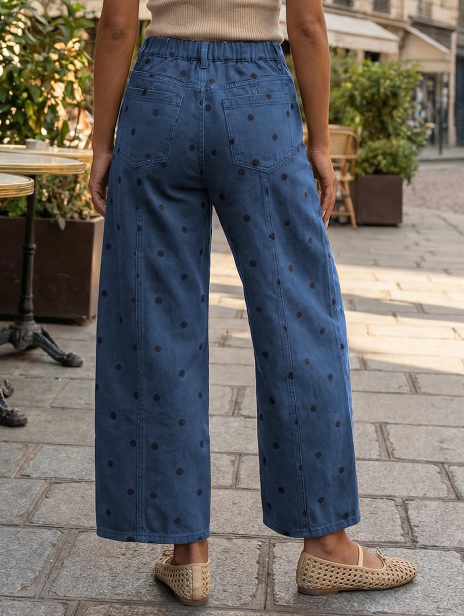 CHOUYATOU Women's Polka Dot Pattern Barrel Jeans Boyfriend Y2K Casual Mid Rise Wide Leg Denim Pants