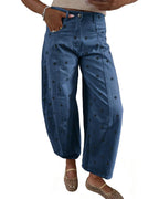 CHOUYATOU Women's Polka Dot Pattern Barrel Jeans Boyfriend Y2K Casual Mid Rise Wide Leg Denim Pants