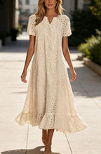 Chouyatou Women Summer Ruffle Hem Floral Lace Eyelet Dress Casual Notch Neck Midi Tunic Dress with Pocket
