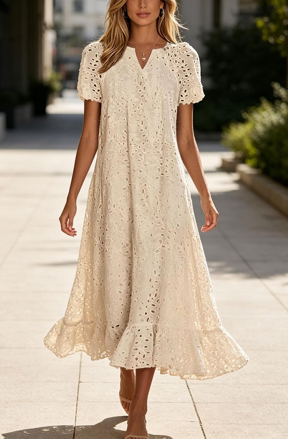Chouyatou Women Summer Ruffle Hem Floral Lace Eyelet Dress Casual Notch Neck Midi Tunic Dress with Pocket
