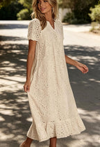 Chouyatou Women Summer Ruffle Hem Floral Lace Eyelet Dress Casual Notch Neck Midi Tunic Dress with Pocket