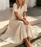 Chouyatou Women Summer Ruffle Hem Floral Lace Eyelet Dress Casual Notch Neck Midi Tunic Dress with Pocket