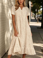Chouyatou Women Summer Ruffle Hem Floral Lace Eyelet Dress Casual Notch Neck Midi Tunic Dress with Pocket