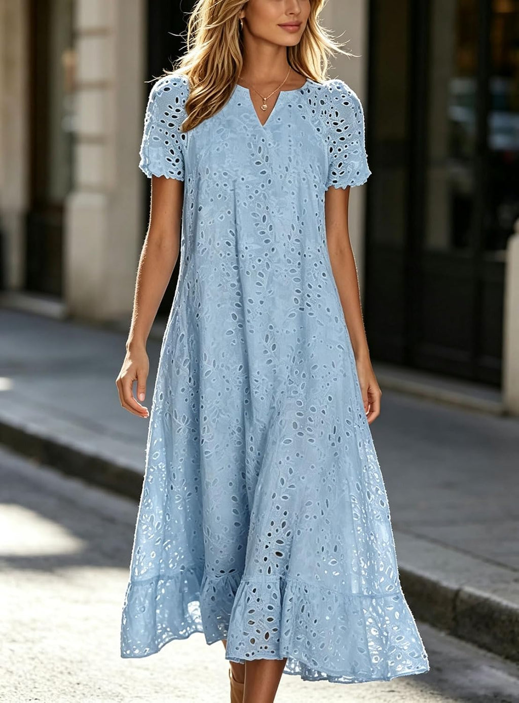 Chouyatou Women Summer Ruffle Hem Floral Lace Eyelet Dress Casual Notch Neck Midi Tunic Dress with Pocket