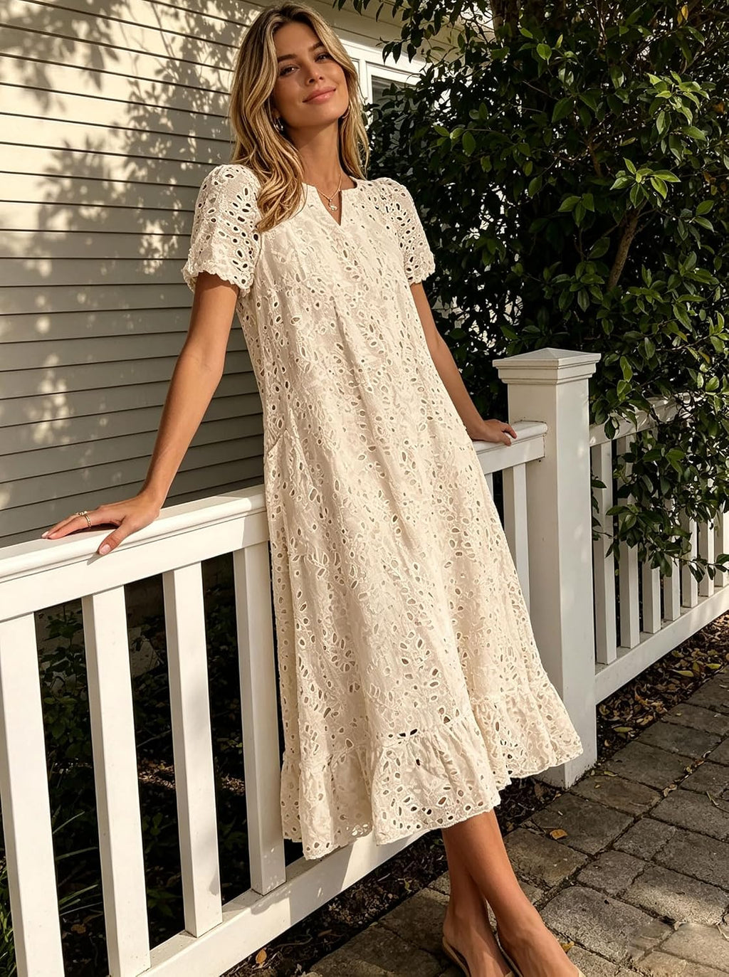 Chouyatou Women Summer Ruffle Hem Floral Lace Eyelet Dress Casual Notch Neck Midi Tunic Dress with Pocket