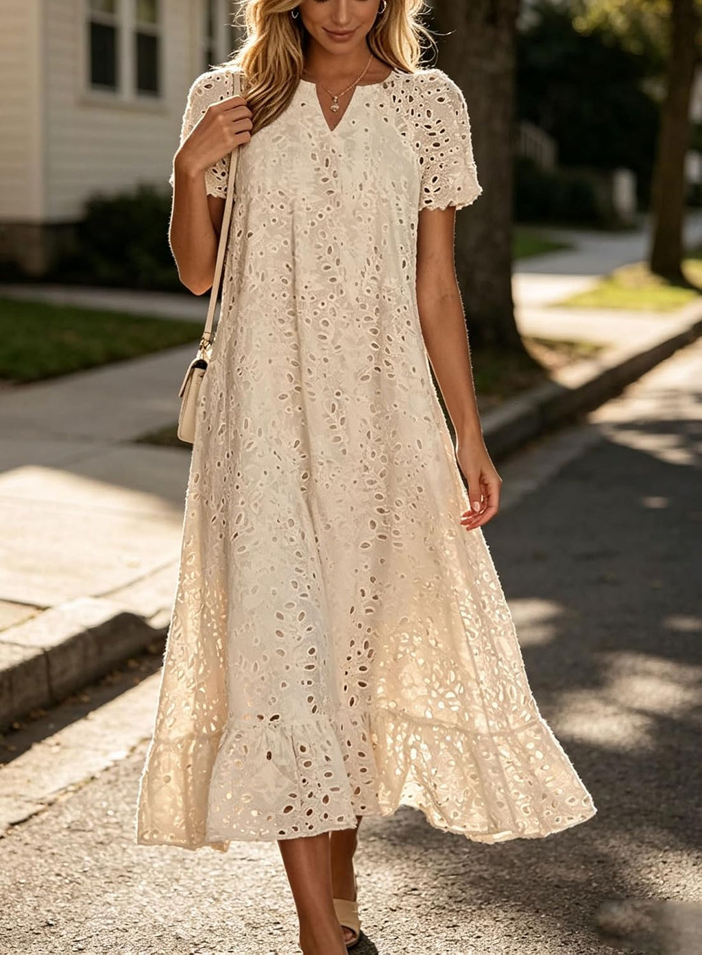 Chouyatou Women Summer Ruffle Hem Floral Lace Eyelet Dress Casual Notch Neck Midi Tunic Dress with Pocket