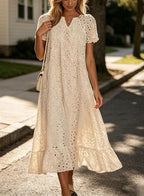 Chouyatou Women Summer Ruffle Hem Floral Lace Eyelet Dress Casual Notch Neck Midi Tunic Dress with Pocket