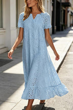 Chouyatou Women Summer Ruffle Hem Floral Lace Eyelet Dress Casual Notch Neck Midi Tunic Dress with Pocket