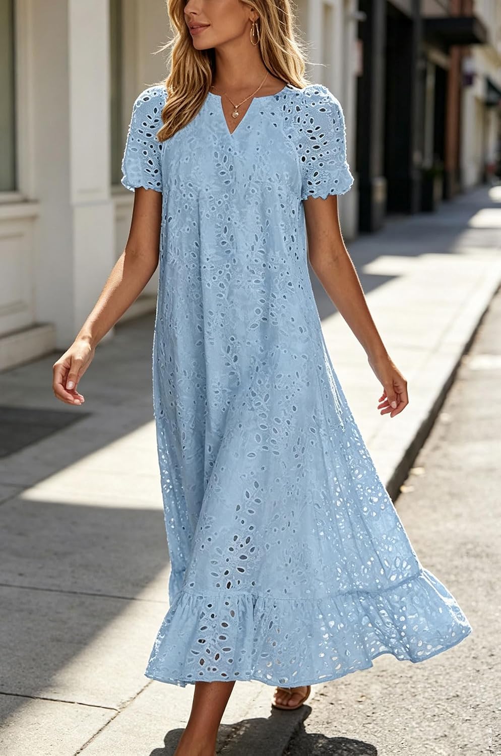 Chouyatou Women Summer Ruffle Hem Floral Lace Eyelet Dress Casual Notch Neck Midi Tunic Dress with Pocket