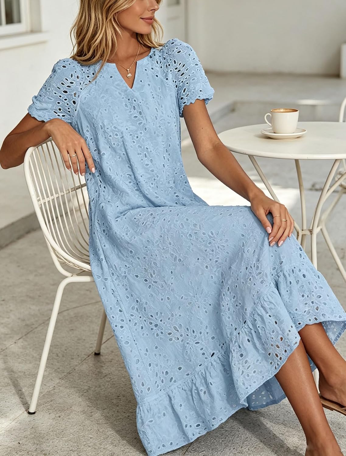 Chouyatou Women Summer Ruffle Hem Floral Lace Eyelet Dress Casual Notch Neck Midi Tunic Dress with Pocket