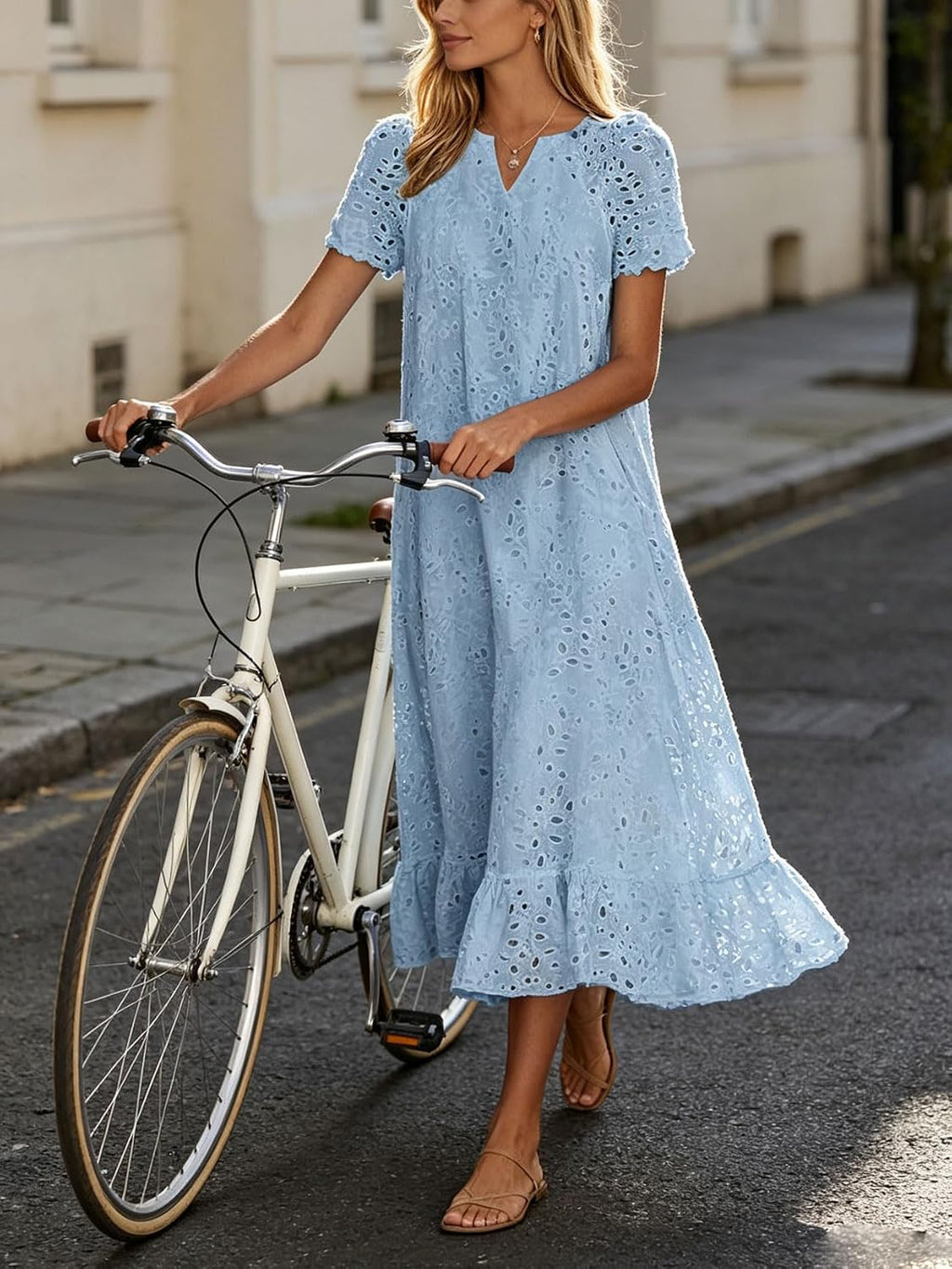 Chouyatou Women Summer Ruffle Hem Floral Lace Eyelet Dress Casual Notch Neck Midi Tunic Dress with Pocket