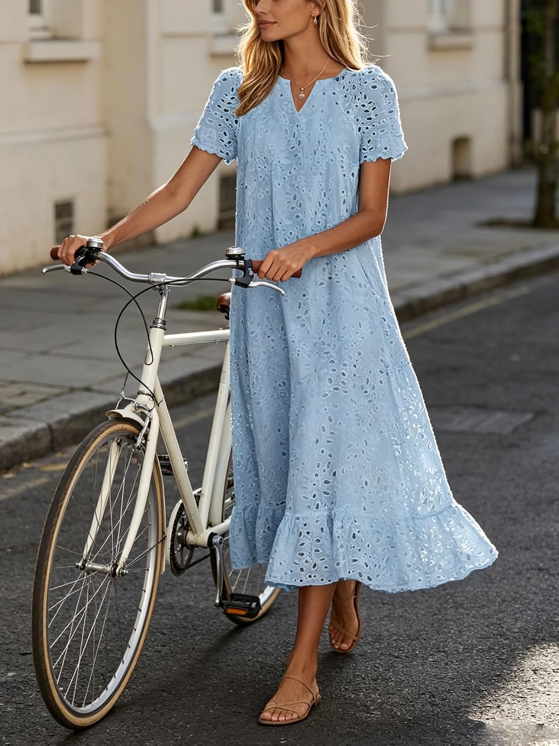 Chouyatou Women Summer Ruffle Hem Floral Lace Eyelet Dress Casual Notch Neck Midi Tunic Dress with Pocket