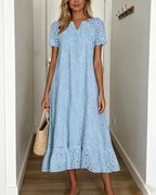 Chouyatou Women Summer Ruffle Hem Floral Lace Eyelet Dress Casual Notch Neck Midi Tunic Dress with Pocket