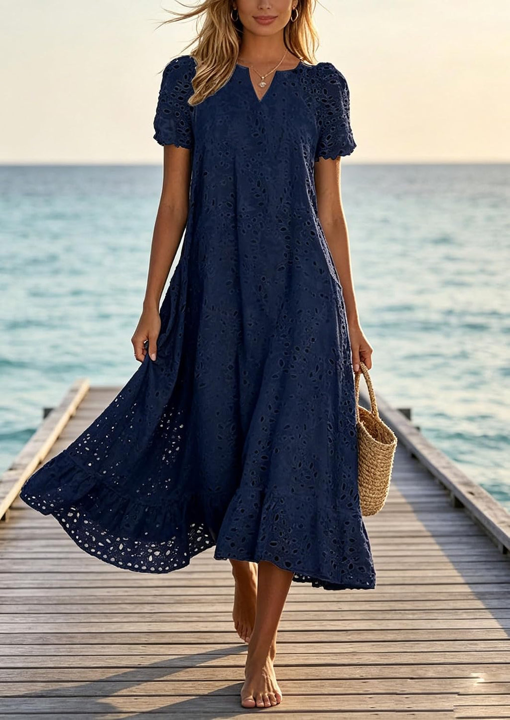 Chouyatou Women Summer Ruffle Hem Floral Lace Eyelet Dress Casual Notch Neck Midi Tunic Dress with Pocket