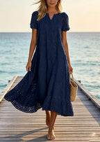 Chouyatou Women Summer Ruffle Hem Floral Lace Eyelet Dress Casual Notch Neck Midi Tunic Dress with Pocket