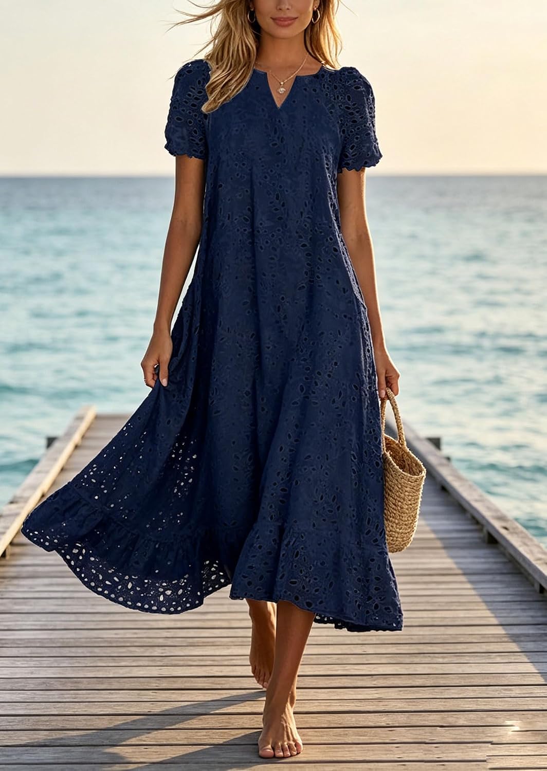 Chouyatou Women Summer Ruffle Hem Floral Lace Eyelet Dress Casual Notch Neck Midi Tunic Dress with Pocket