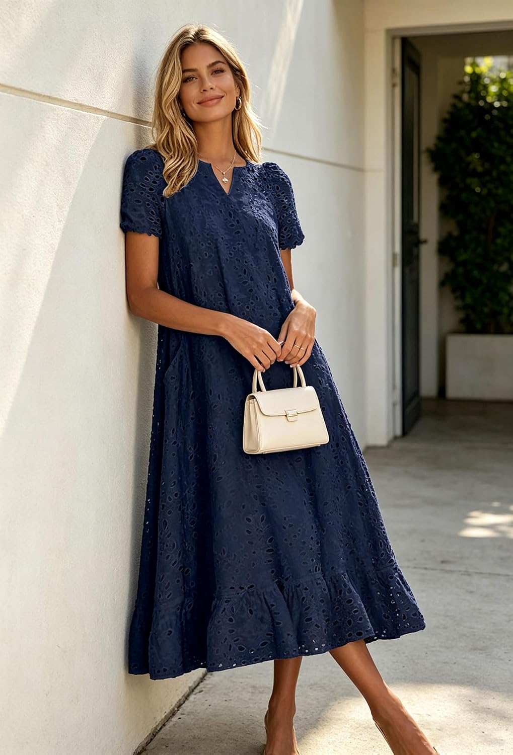 Chouyatou Women Summer Ruffle Hem Floral Lace Eyelet Dress Casual Notch Neck Midi Tunic Dress with Pocket