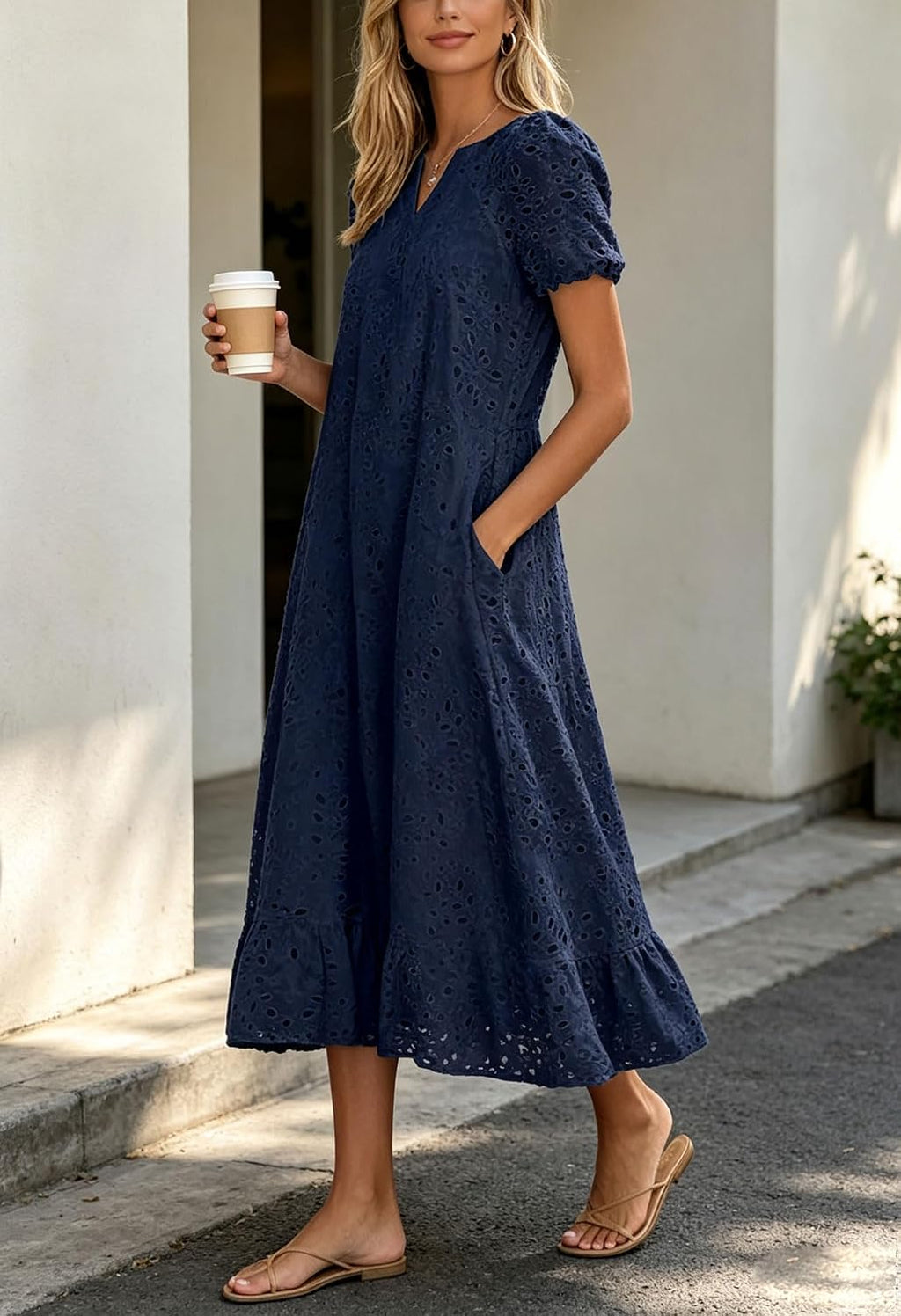 Chouyatou Women Summer Ruffle Hem Floral Lace Eyelet Dress Casual Notch Neck Midi Tunic Dress with Pocket