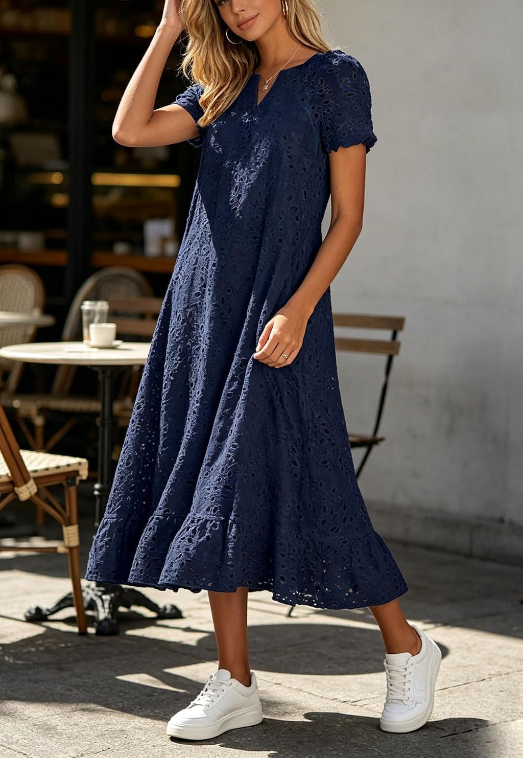 Chouyatou Women Summer Ruffle Hem Floral Lace Eyelet Dress Casual Notch Neck Midi Tunic Dress with Pocket