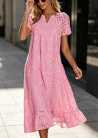 Chouyatou Women Summer Ruffle Hem Floral Lace Eyelet Dress Casual Notch Neck Midi Tunic Dress with Pocket