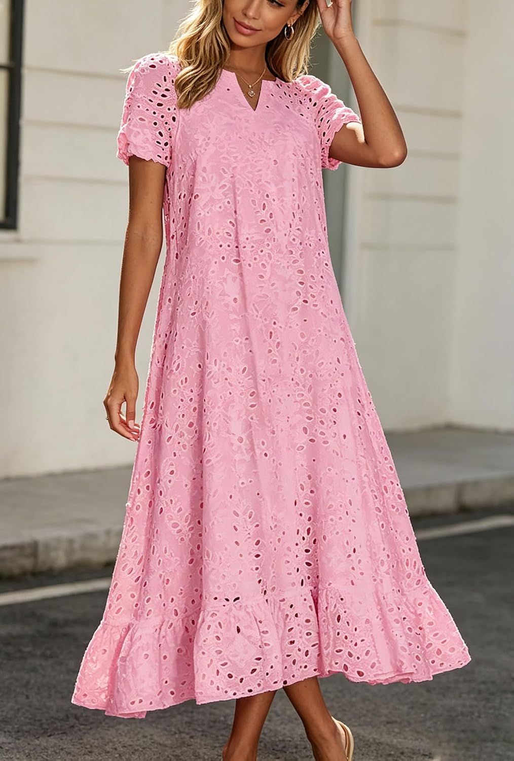 Chouyatou Women Summer Ruffle Hem Floral Lace Eyelet Dress Casual Notch Neck Midi Tunic Dress with Pocket