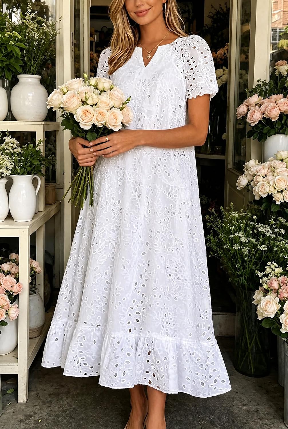 Chouyatou Women Summer Ruffle Hem Floral Lace Eyelet Dress Casual Notch Neck Midi Tunic Dress with Pocket