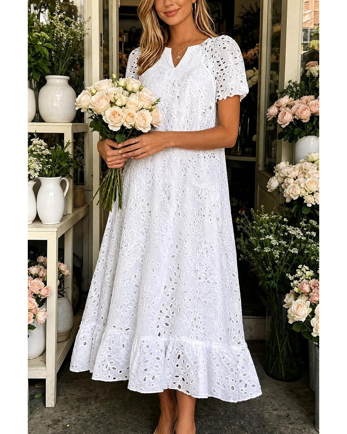 Chouyatou Women Summer Ruffle Hem Floral Lace Eyelet Dress Casual Notch Neck Midi Tunic Dress with Pocket