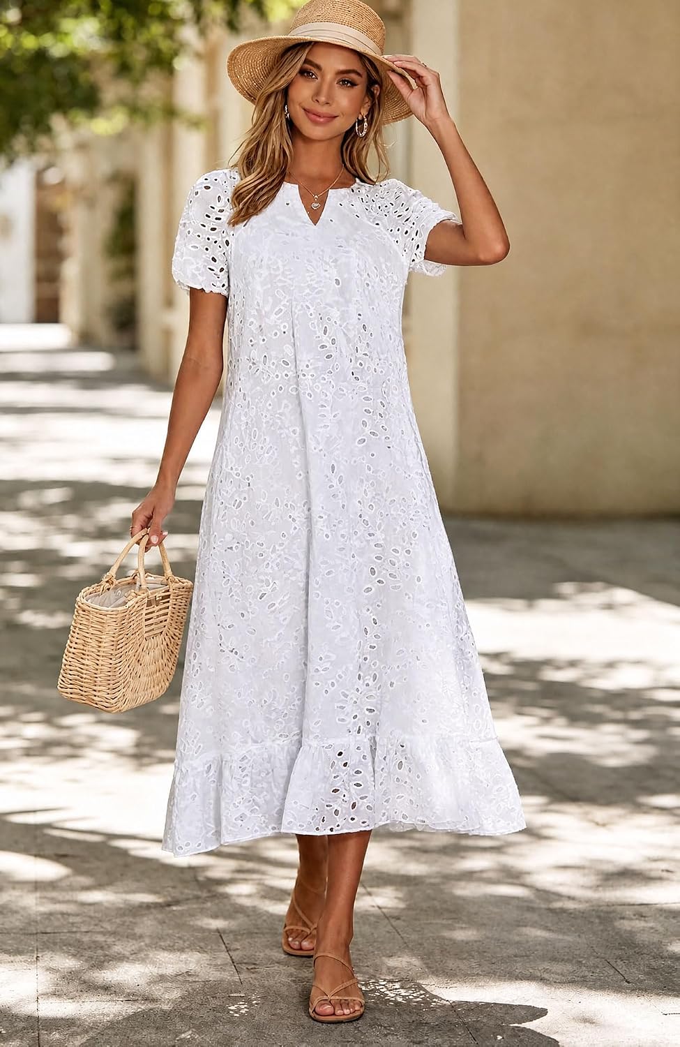 Chouyatou Women Summer Ruffle Hem Floral Lace Eyelet Dress Casual Notch Neck Midi Tunic Dress with Pocket