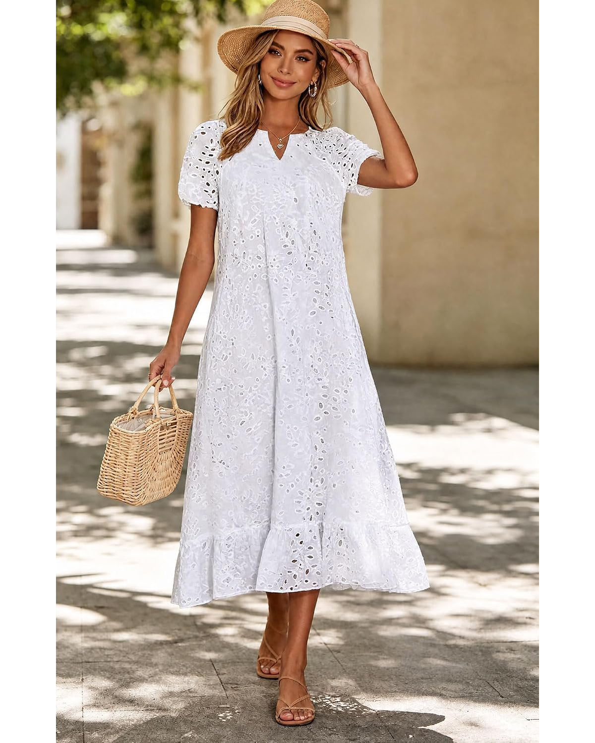 Chouyatou Women Summer Ruffle Hem Floral Lace Eyelet Dress Casual Notch Neck Midi Tunic Dress with Pocket