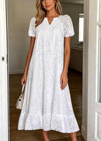 Chouyatou Women Summer Ruffle Hem Floral Lace Eyelet Dress Casual Notch Neck Midi Tunic Dress with Pocket