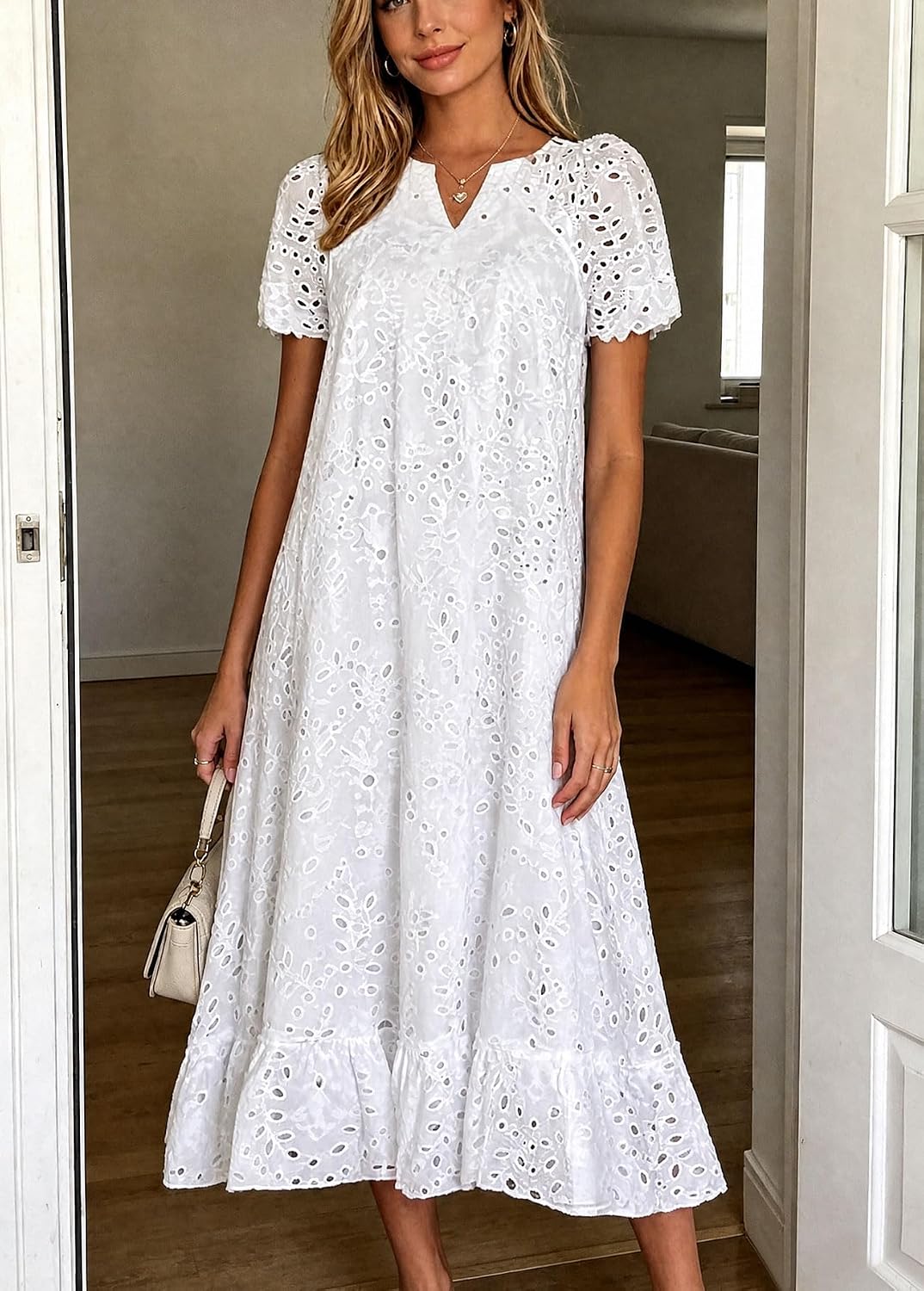 Chouyatou Women Summer Ruffle Hem Floral Lace Eyelet Dress Casual Notch Neck Midi Tunic Dress with Pocket