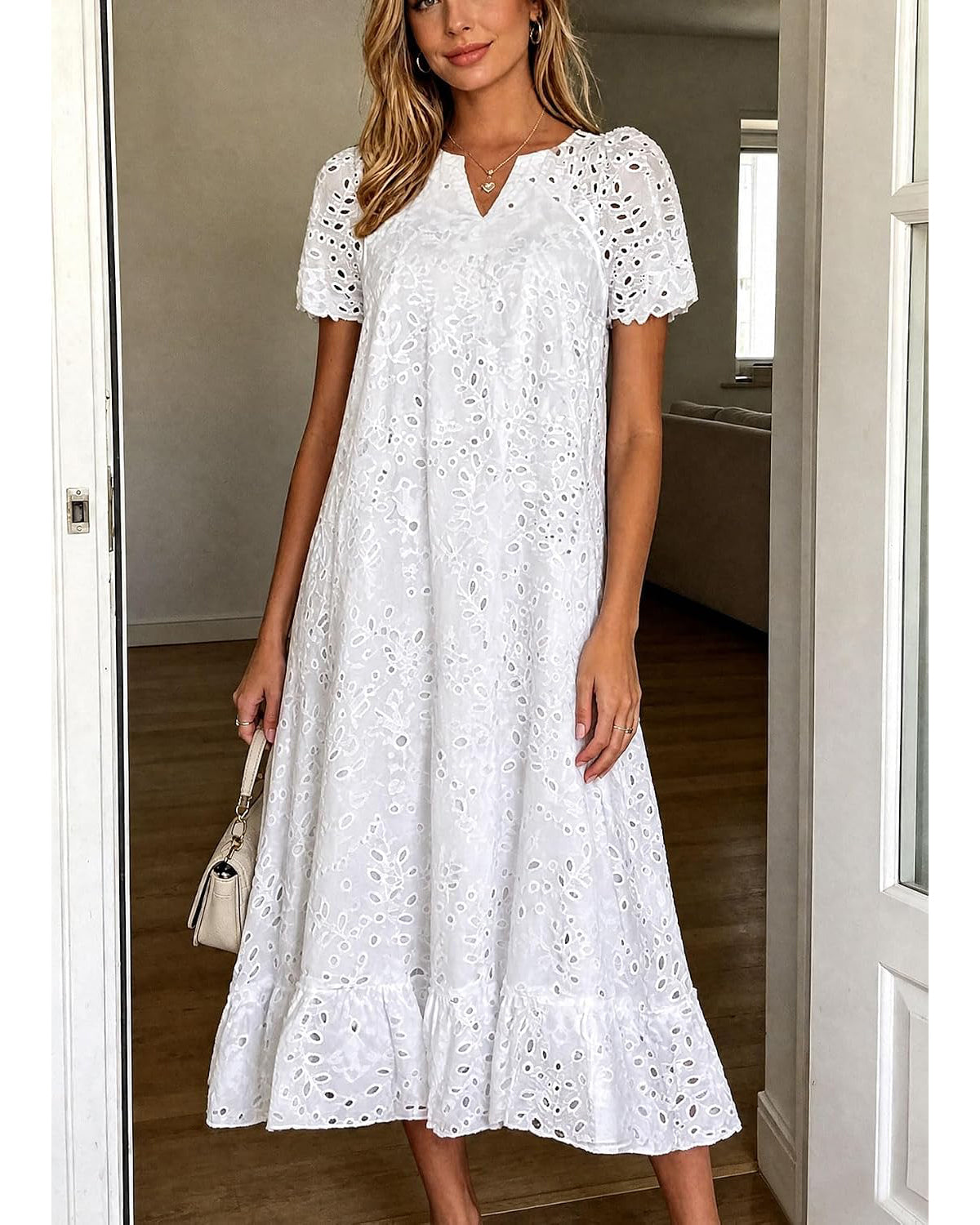 Chouyatou Women Summer Ruffle Hem Floral Lace Eyelet Dress Casual Notch Neck Midi Tunic Dress with Pocket