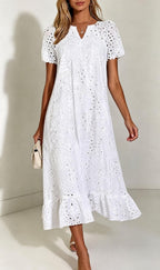 Chouyatou Women Summer Ruffle Hem Floral Lace Eyelet Dress Casual Notch Neck Midi Tunic Dress with Pocket
