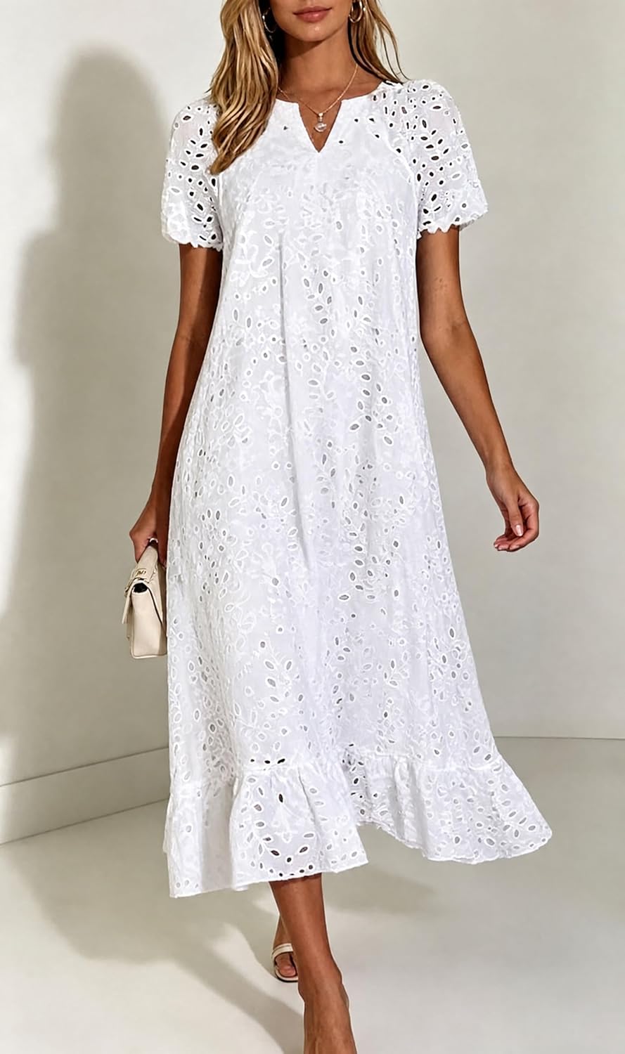 Chouyatou Women Summer Ruffle Hem Floral Lace Eyelet Dress Casual Notch Neck Midi Tunic Dress with Pocket